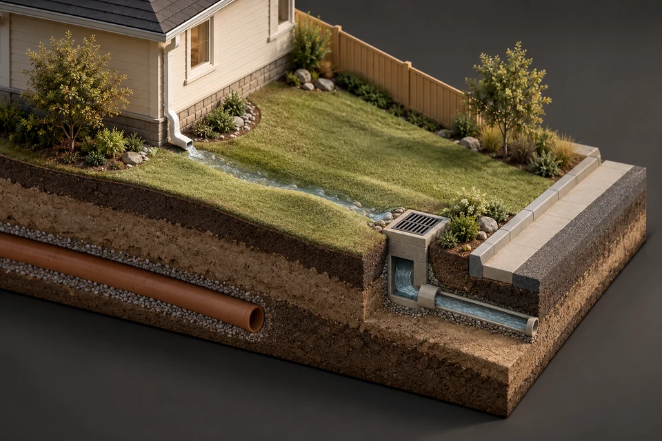 Conceptual illustration of lot drainage · sanitary service · separate approvals