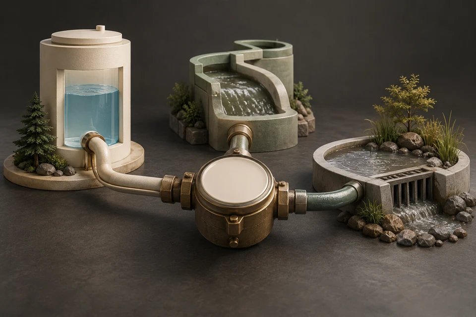 Conceptual illustration of water volume · wastewater charge · fixed services