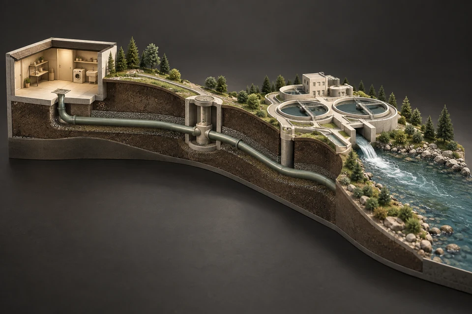 Conceptual illustration of house lateral · public main · treatment